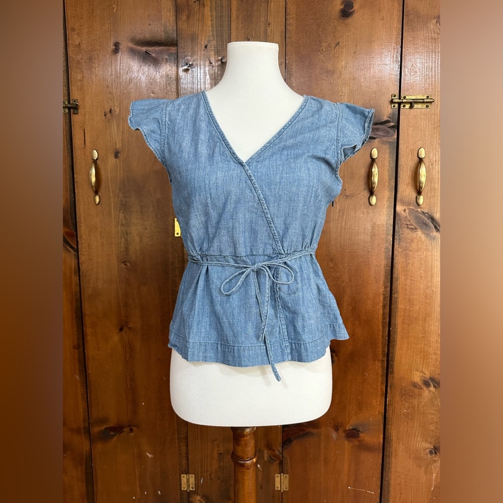 J. By J. Crew women’s blouse top jean denim sz 6 cap sleeve waist tie